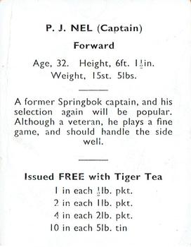 1937 International Tea (NZ) Ltd (Tiger Tea) Springbok Rugby Players in NZ #NNO Philip J. Nel Back